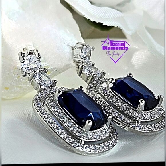 Blue Halo 5.80 Ct. Sapphire & White Baguette Diamond Earrings on 925 Silver - Picture 2 of 4